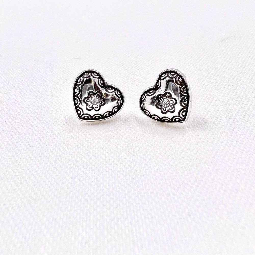 Cute Antiqued Silver Tone Jeweled Heart Post Earrings
